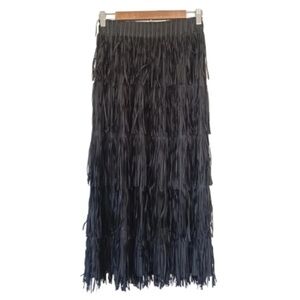 Black Tiered Fringe Tassel Midi Skirt Boho Coastal Cowgirl Festival Stage Wear